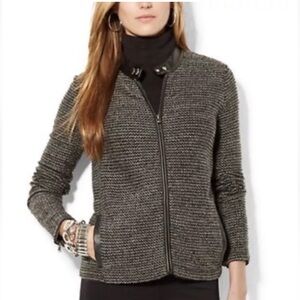 Ralph Lauren Tweed Zip Up Jacket Women Size L Black Leather Trim Preppy Office